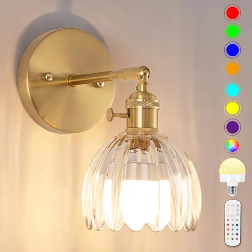 Vista 12 de Juego de dos apliques de pared vintage, funciona con pilas, con pantalla de cristal de tulipán verde oscuro, lámpara de pared recargable con control