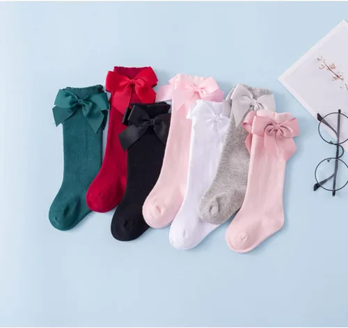 Vista 4 de BULINGNA Calcetines de princesa con lazo, color sólido, con volantes, hasta la rodilla, para bebé, para uniforme escolar
