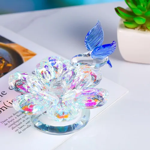 Vista 2 de Movdyka Figura de cristal, decoración de flor de loto, regalo de colibrí azul, para mujer, adornos de vidrio cristal brillante, reflejo de flor