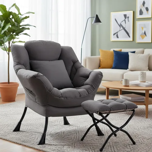 Vista 15 de Silla Lazy con otomana, cómoda silla de lectura para dormitorio Melocotón Beige-1
