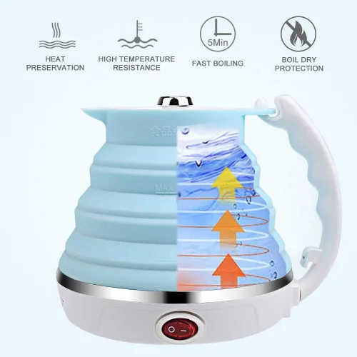 Vista 3 de Hervidor de Viaje Mejorado, ShineMe Silicona de Grado Alimenticio de Doble Voltaje 110-220V, Ultradelgado, Portátil, con Taza, Adaptador Universal
