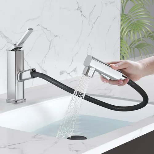 Vista 9 de MIAOHUI Grifo de baño extraíble de un solo agujero, 3 modos de pulverización de una sola manija para fregadero de 1 agujero, grifo de lavabo de baño