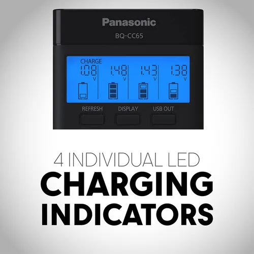 Vista 5 de Panasonic BQ-CC65AKBBA Cargador súper avanzado eneloop pro y eneloop de 4 posiciones con panel indicador LCD y puerto de carga USB, negro