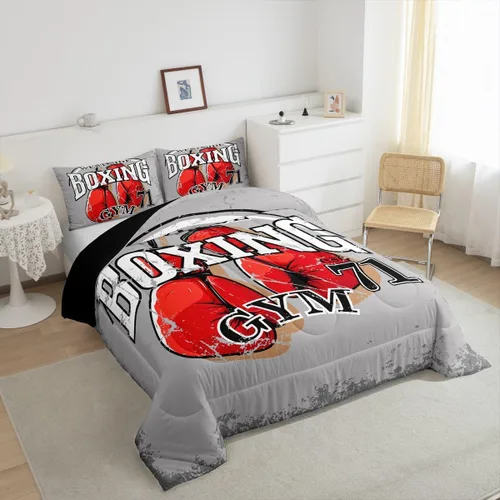 Vista 4 de Juego de edredón de boxeo, juego de ropa de cama con temática deportiva de gimnasio para niños, adultos, hombres, patrón de guantes de boxeo rojos