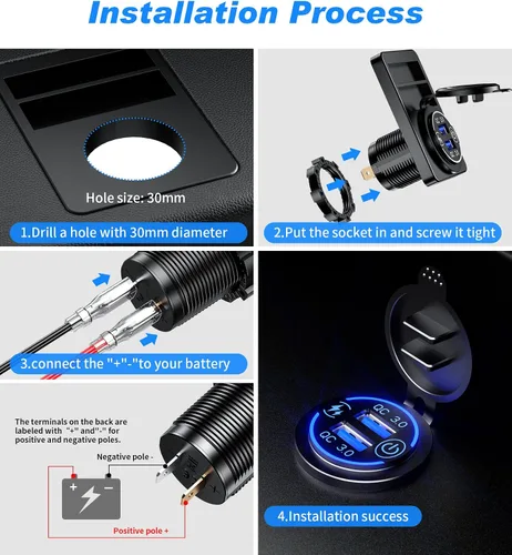 Vista 5 de Paquete de 2 enchufes de carga rápida 3.0 con cargador USB dual, toma de corriente USB impermeable de 36 W, carga rápida con interruptor táctil