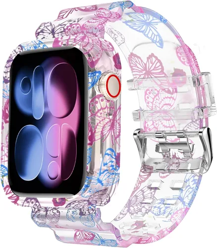 Vista 15 de DABAOZA - Correa transparente compatible con Apple Watch con estuche protector, correa deportiva de TPU con brillo para mujeres y hombres