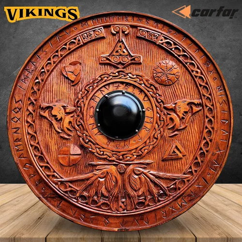 Vista 6 de Escudo de guerrero medieval de la era vikingos tamaño completo para adulto, 30.0 in, hecho a mano, madera natural, tallada, juego de batalla
