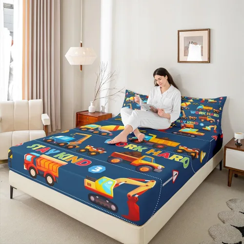 Vista 2 de Manfei Sábana bajera ajustable de dibujos animados para niños, tamaño individual, bonito juego de ropa de cama con excavadora, camión, tractor