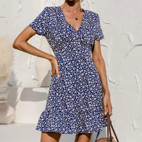 Vista 5 de CAIfnv Zincoty Womens Sexy Floral Print Flowy Swing Mini Dresses V Neck Short Sleeve Ruffles Bodycon A Line Club Prom Dress