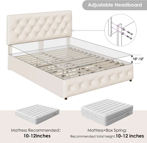 Vista 6 de Keyluv - Base de cama tapizada moderna con 4 cajones, diseño de cabecera con botones, soporte de listones de madera maciza, fácil montaje, tela