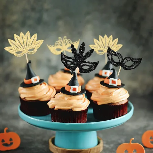Vista 7 de 24 máscaras de mascarada, adornos para cupcakes, color negro y dorado con purpurina para despedida de soltera, para fiestas de cumpleaños, fiestas