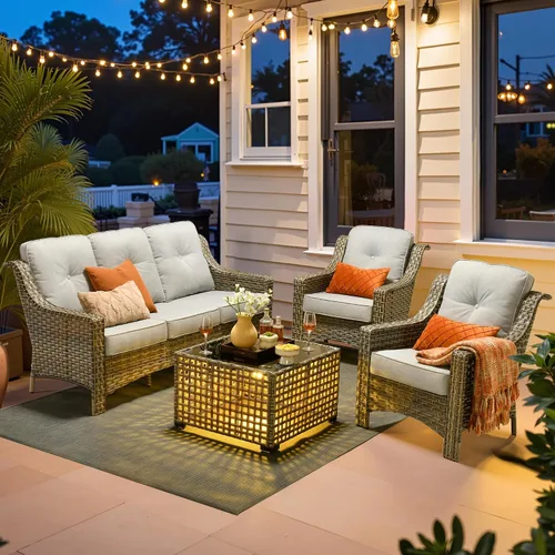 Vista 29 de ovios Muebles de patio al aire libre de 4 piezas con sofá de 3 asientos, juego de cubierta de mimbre de ratán con respaldo alto, sofá individual