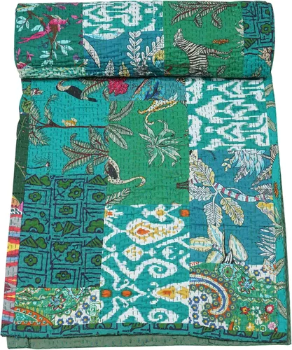 Vista 25 de Marubhumi Colchas hechas a mano tradicional de algodón puro con estampado de cachemira Kantha, funda de cama reversible con estampado de cachemira
