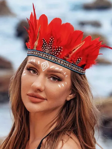 Vista 5 de Red Feather Headpiece Indian Costume Headdress Carnival Crown Headband for Women
