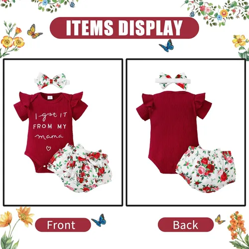 Vista 2 de Kehen Conjunto de mameluco de manga con volantes y pantalones cortos para bebé niña, trajes florales de verano, lindos artículos esenciales