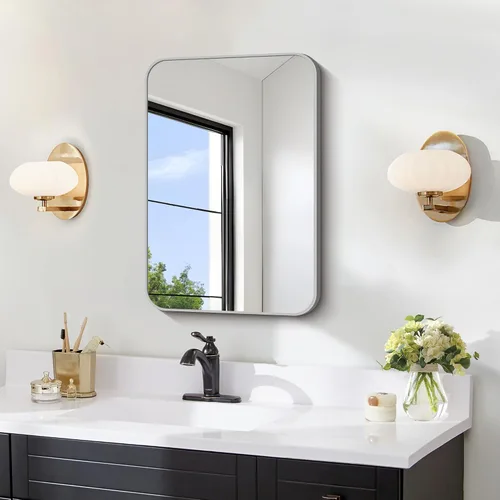 Vista 26 de FORBATH - Espejo de baño negro para sobre lavabo, espejo de pared de 16x24 pulgadas con marco de metal, esquinas redondeadas para baño, dormitorio