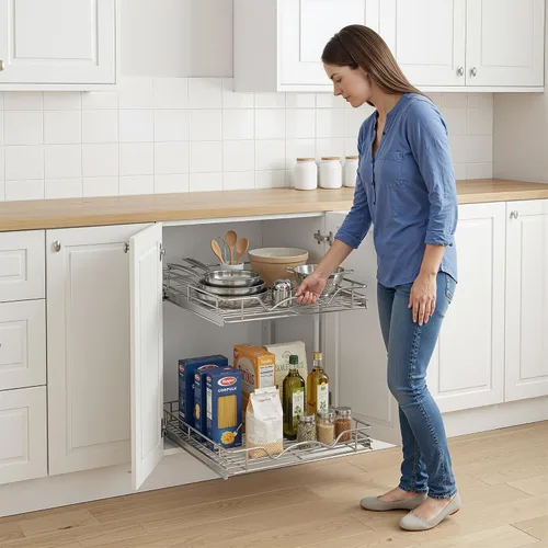 Vista 9 de HOLDN' STORAGE Organizador de gabinete extraíble de dos niveles, cajones deslizantes individuales, metal resistente con garantía limitada de por
