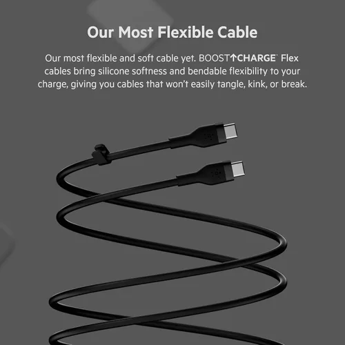 Vista 3 de Belkin BoostCharge Flex Cable de carga USB-C a USB-C de silicona (3.3 ft/3.3 pies) para iPhone 16, iPhone 16 Pro, Galaxy S25, S24, Pixel 9 y 8, Negro