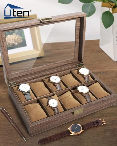 Vista 2 de Uten Caja de reloj con 10 ranuras, organizador de caja de reloj con tapa de vidrio real, caja de almacenamiento de cuero sintético de grano