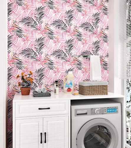 Vista 8 de Papel tapiz de hojas bohemias para despegar y pegar, papel de contacto extraíble de palmera rosa y negra para armarios, papel tapiz floral tropical
