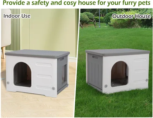 Vista 8 de Casa impermeable para gatos al aire libre, casa de plástico para gatos con puerta de escape y alfombrilla suave, refugio grande para gatos