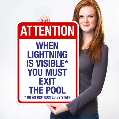 Vista 18 de Letrero con texto en inglés "Attention When Lightning is Visible You Must Exit The Pool - Letrero de piscina, 10 x 14 pulgadas, libre de óxido