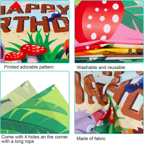 Vista 3 de HOWAF Cartel de tela de feliz cumpleaños para decoración de fiestas temáticas de animales de la selva, decoración de fondo de pared para niños