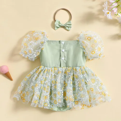 Vista 3 de IDOPIP Conjunto de 2 piezas para bebé recién nacido, con diadema, bordado de flores, tutú, princesa, fiesta de cumpleaños, conjunto de ropa