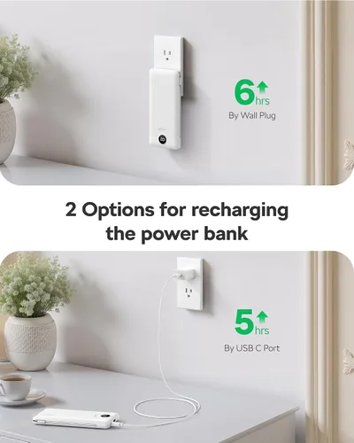 Vista 7 de VEGER Cargador portátil con enchufe de pared AC, cargador portátil delgado de 10000 mAh con cables incorporados, banco de energía USB C de 15W