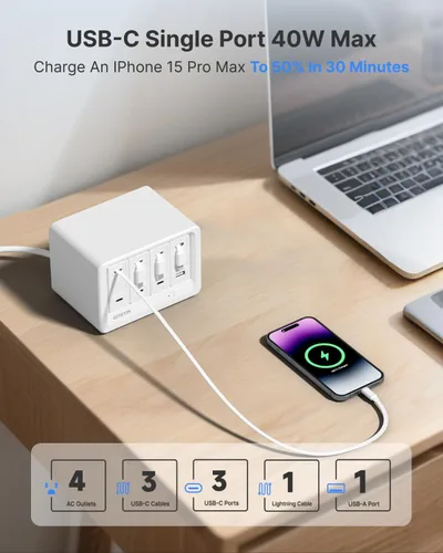 Vista 5 de Gitryin Estación de carga de escritorio 12 en 1 con 3 cargadores retráctiles tipo C y 1 cargador Lightning, concentrador de carga USB-C de 160 W