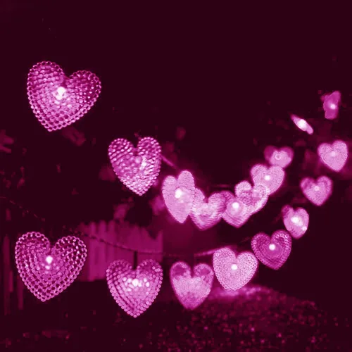 Vista 12 de Luces solares de corazón para exteriores, impermeables, de 16.4 pies, 20 luces LED, corazón de amor, día de San Valentín, 8 modos de iluminación