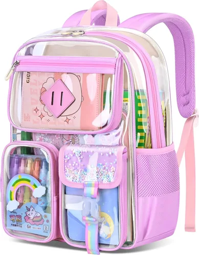 Vista 8 de Mochila transparente para hombre, mochila impermeable, escuela secundaria negra, escuela secundaria y universidad, Rosado, Estándar, Casual moderno