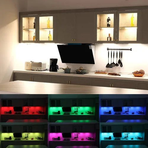 Vista 2 de Litever Kit de iluminación LED para debajo del gabinete. Color RGB y luz blanca cálida brillante. Barras de luz LED enlazables delgadas