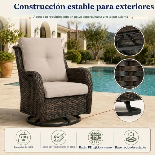 Vista 5 de HUMMUH Juego de 2 sillas giratorias de mimbre para patio, juego de muebles Café/Beige