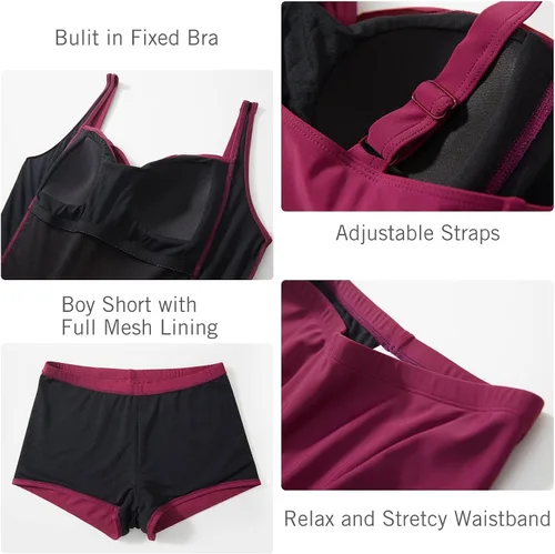 Vista 4 de BALEAF Womens Two Piece Swimsuits Ruched Tankini Set with Shorts Tummy Control Front Cross Bathing Suits