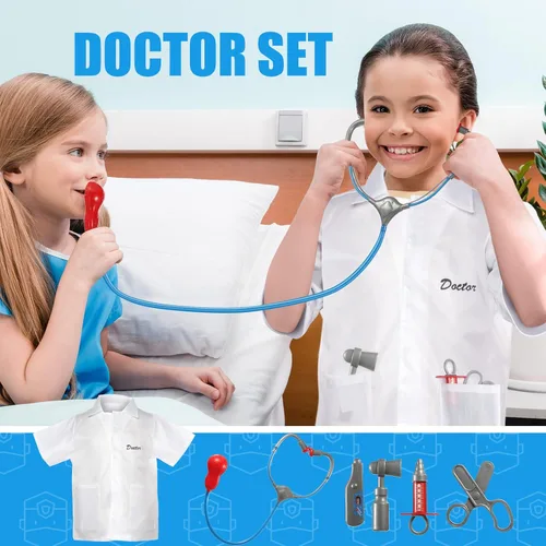Vista 6 de 3 juegos de disfraces para niños de 3 a 7 años, juego de rol, bombero, policía, médico, ropa de vestir para niños y niñas, accesorios de rol