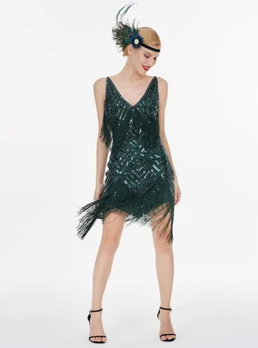 Vista 5 de MISSCHEN Minivestido corto con cuello en V profundo y tirantes delgados para mujer, vestido estilo Gatsby de los años 20