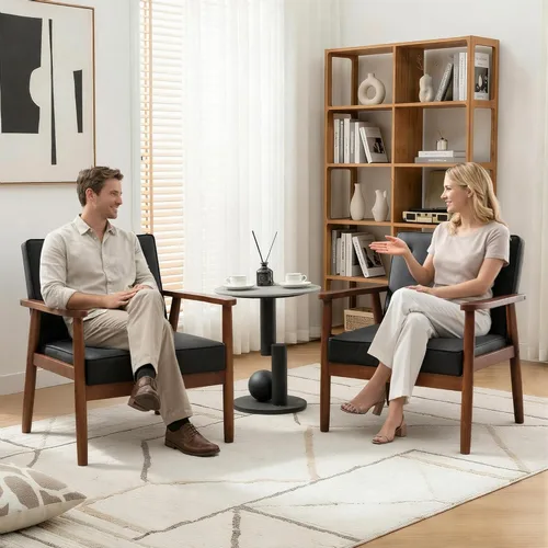 Vista 8 de STHOUYN Sillas decorativas de cuero negro, sillas de sala de espera con brazos de madera, silla con brazo para invitados de oficina, silla moderna