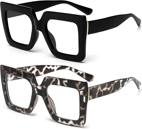 Vista 13 de Gafas de luz azul extragrandes para mujer, moda, gafas de computadora de lente cuadrada gruesa, sin receta, gafas negras, A1 negro