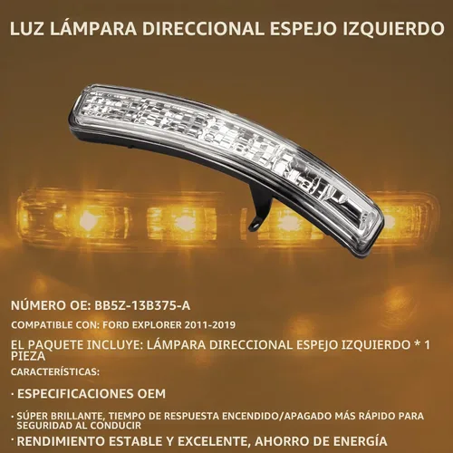 Vista 2 de Dasbecan Luz de espejo izquierdo, lámpara de señal de giro compatible con Ford Explorer 2011-2019, luces indicadoras LED del lado del conductor