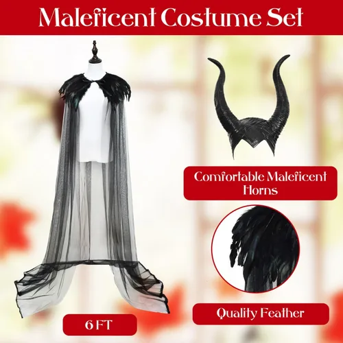 Vista 2 de YoleShy Chal de plumas negras con cuernos de maléfica, diadema de maléfica, disfraz de maléfica para mujer, capa negra de maléfica para mujer