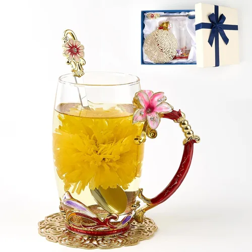 Vista 19 de Taza de té con flores, taza de café de vidrio con mariposa y margarita, con cuchara, caja de regalo para su mamá, esposa, abuela, niñas, amigas