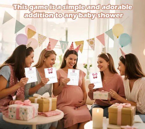 Vista 6 de Cherry Baby Shower - Juego de bingo para 30 invitados con tarjetas de juego, revelación de género, suministros y decoraciones para baby shower (DV35)