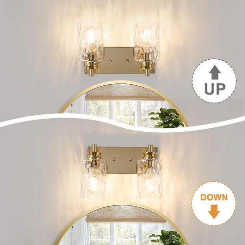 Vista 5 de Accesorios de lámpara de tocador de baño de 2 luces, moderna lámpara de baño dorada cepillada sobre espejo con pantalla de vidrio martillado