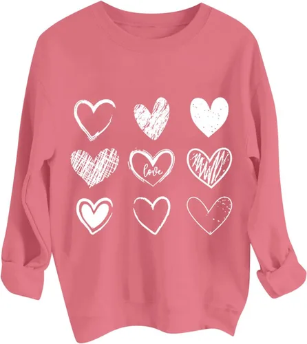 Vista 3 de Sudaderas para el día de San Valentín para mujer, cálidas, suaves, con forro polar, con estampado de corazón, cuello redondo, manga larga
