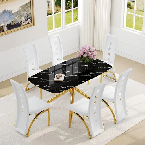 Vista 47 de Juego de mesa de comedor moderna para mesa de comedor negra de 4,63 pulgadas, juego de 4 con patas de metal dorado, mesa de cocina rectangular