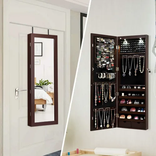 Vista 3 de Giantex Organizador de joyas montado en la paredpuerta con 2 luces LED, armario de joyería de altura ajustable con cerradura con espejo de longitud