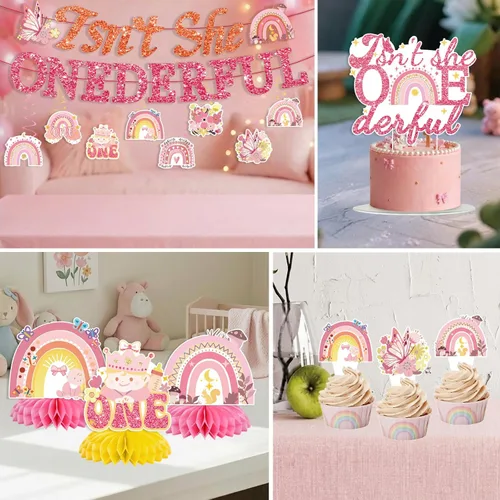 Vista 4 de 35 decoraciones de cumpleaños con texto en inglés "Isn't She Onederful", decoraciones de primer cumpleaños para niñas, fácil instalación, incluye