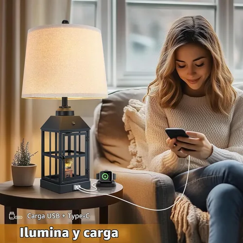 Vista 6 de Lámparas de mesa estilo granja de 25" para sala de estar, juego de 2 lámparas negras con puerto USB y luz nocturna, lámpara de mesa rústica
