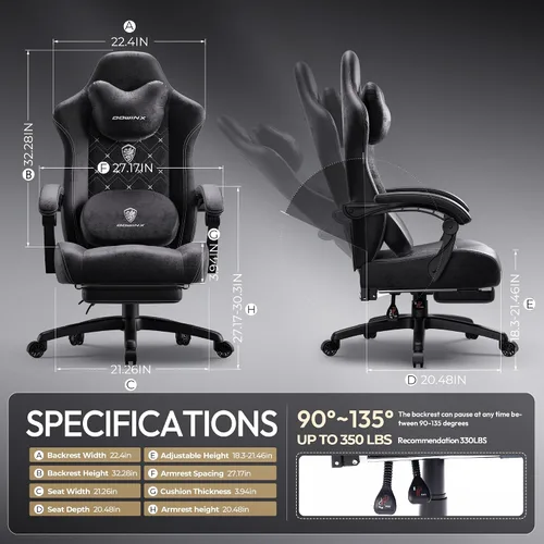 Vista 3 de Dowinx Silla de Juegos con Soporte Lumbar de Masaje con Calentamiento, Sillas de Tela Grandes y Altas para Adultos con Reposapiés, Silla de Juego
